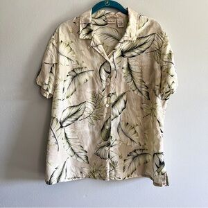 Linden Hill 100% Silk Cream Palm Leaf Button Up Short Sleeve Hawaiian Shirt Lg